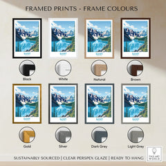 Banff travel poster print with mountain and lake scene, shown in various frame color options.