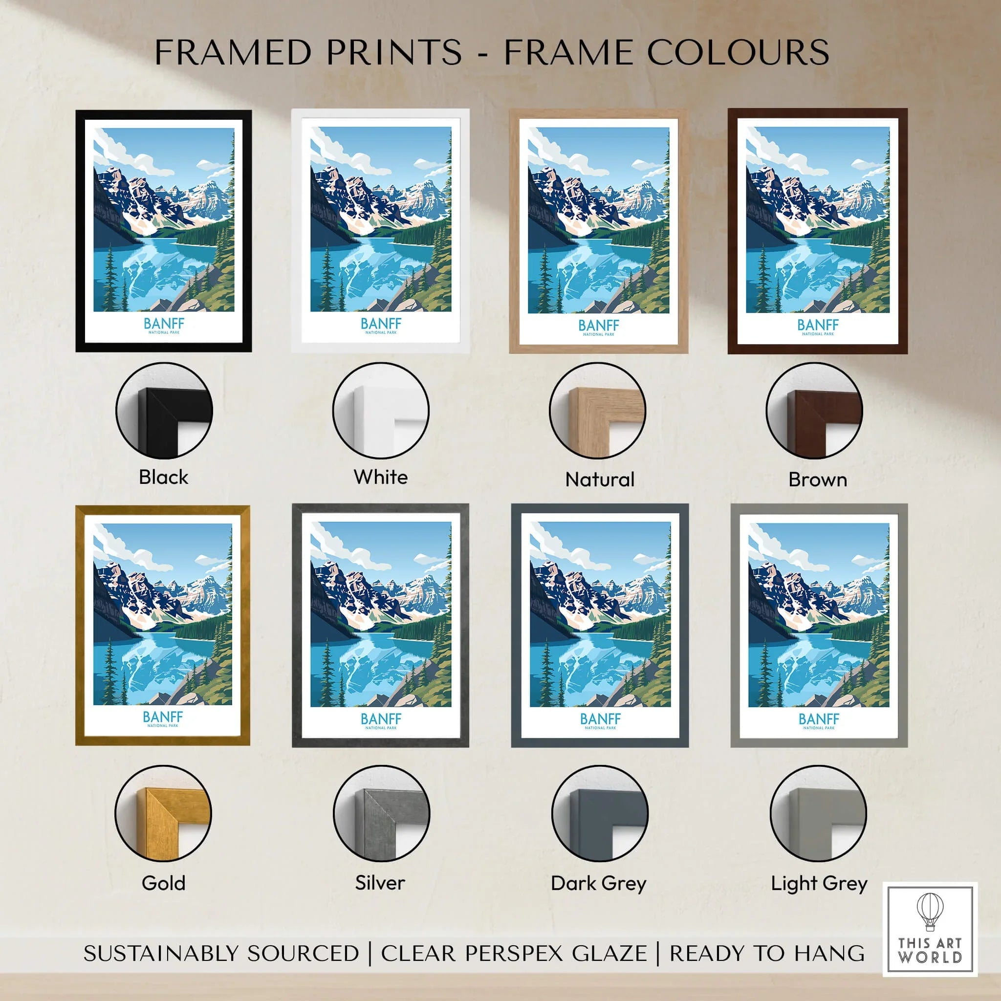 Banff travel poster print with mountain and lake scene, shown in various frame color options.
