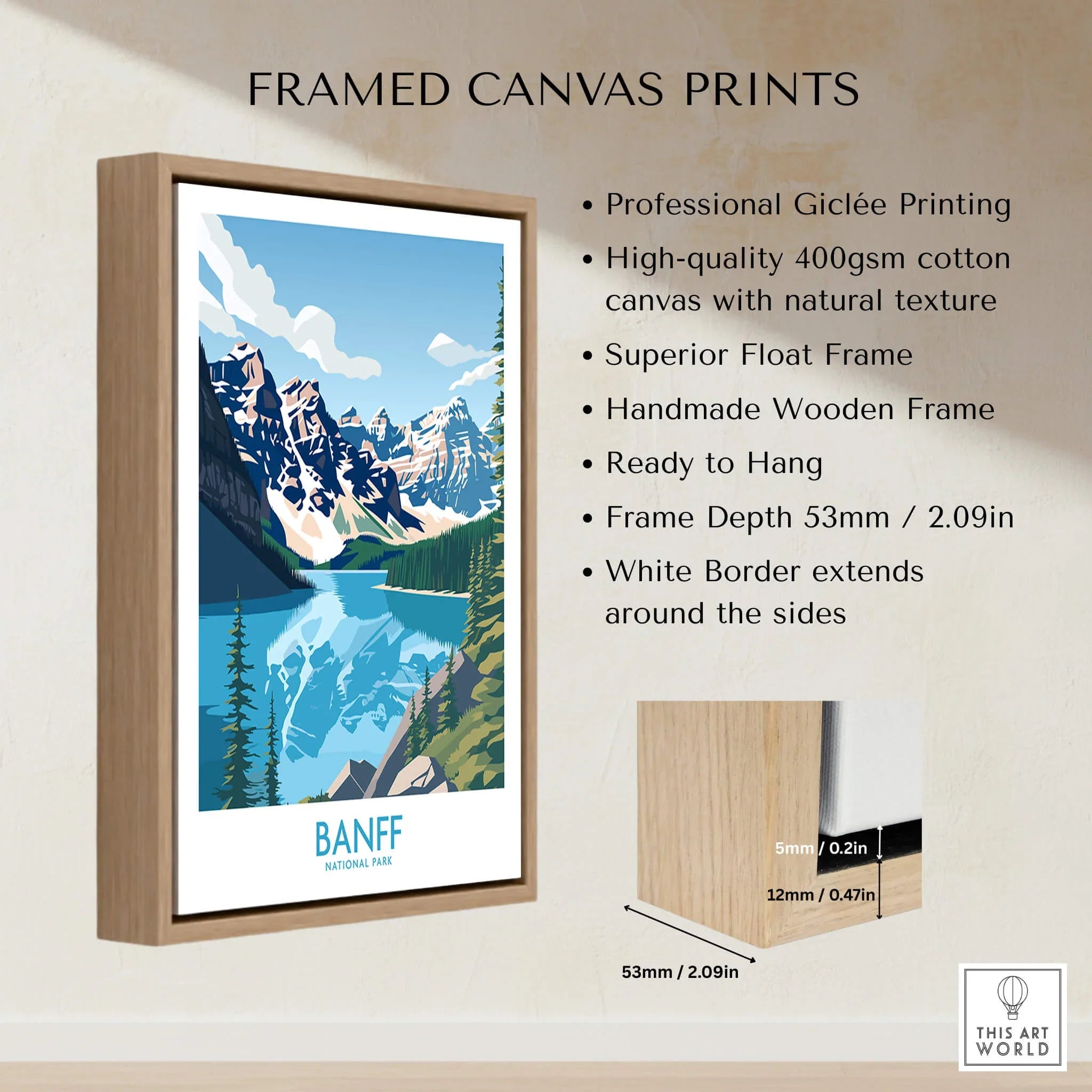 Banff National Park framed canvas print with mountain and lake art, float wooden frame, wall display details.