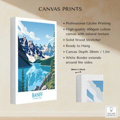 Banff National Park wall art canvas print with mountain lake landscape and white border details