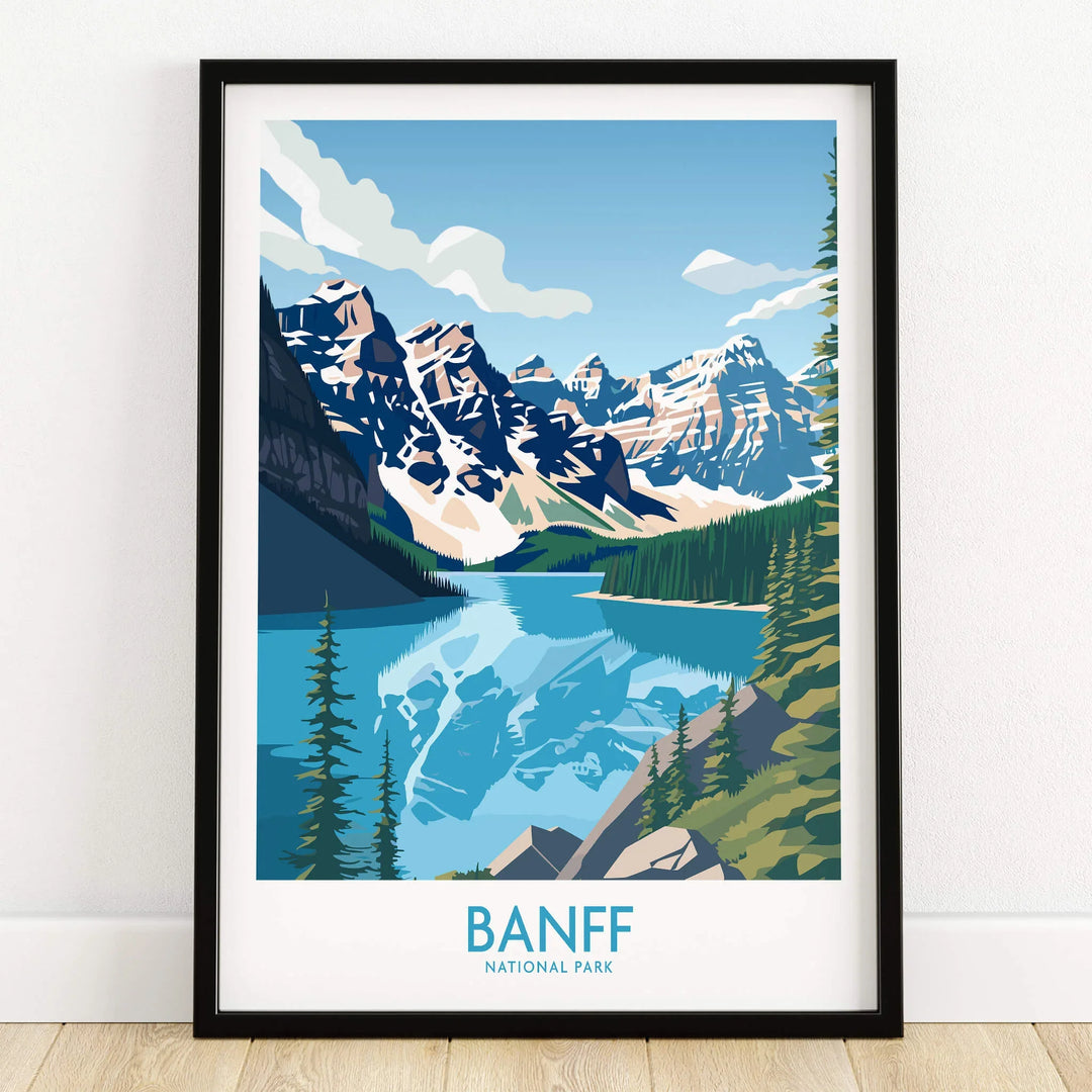 Banff National Park art print in black frame, mountain and lake landscape, on wooden floor