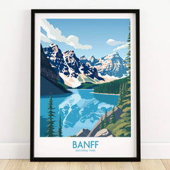 Banff National Park art print in black frame, mountain and lake landscape, on wooden floor
