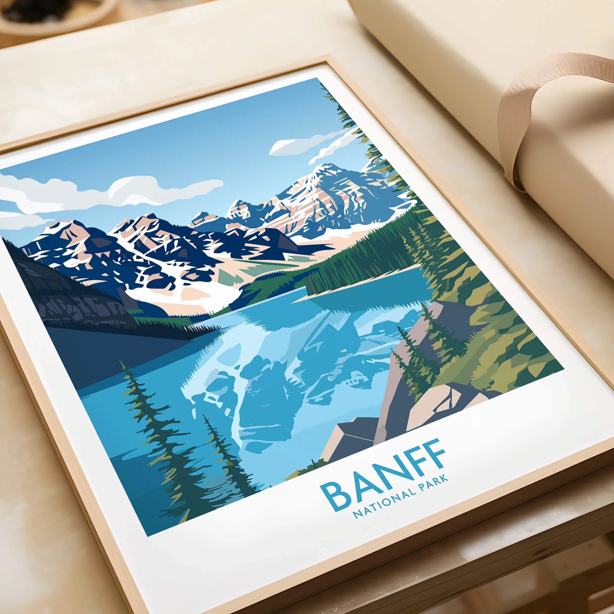 Framed Banff National Park art print with mountains and lake, close-up, unwrapped
