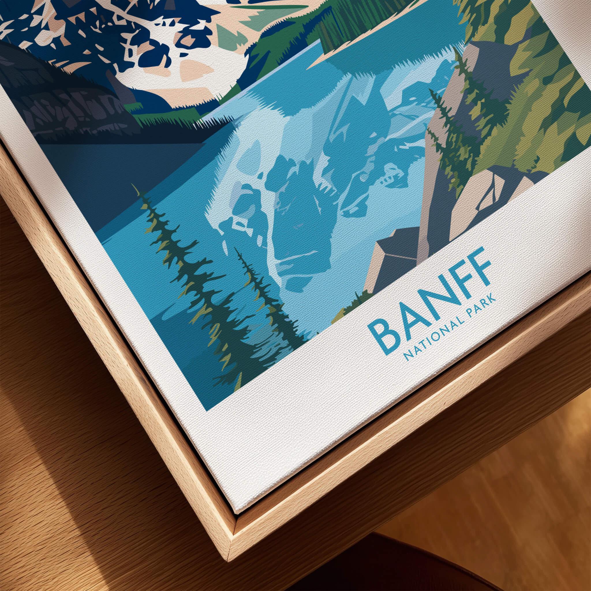 Banff National Park wall art print with mountain and lake, framed in natural wood