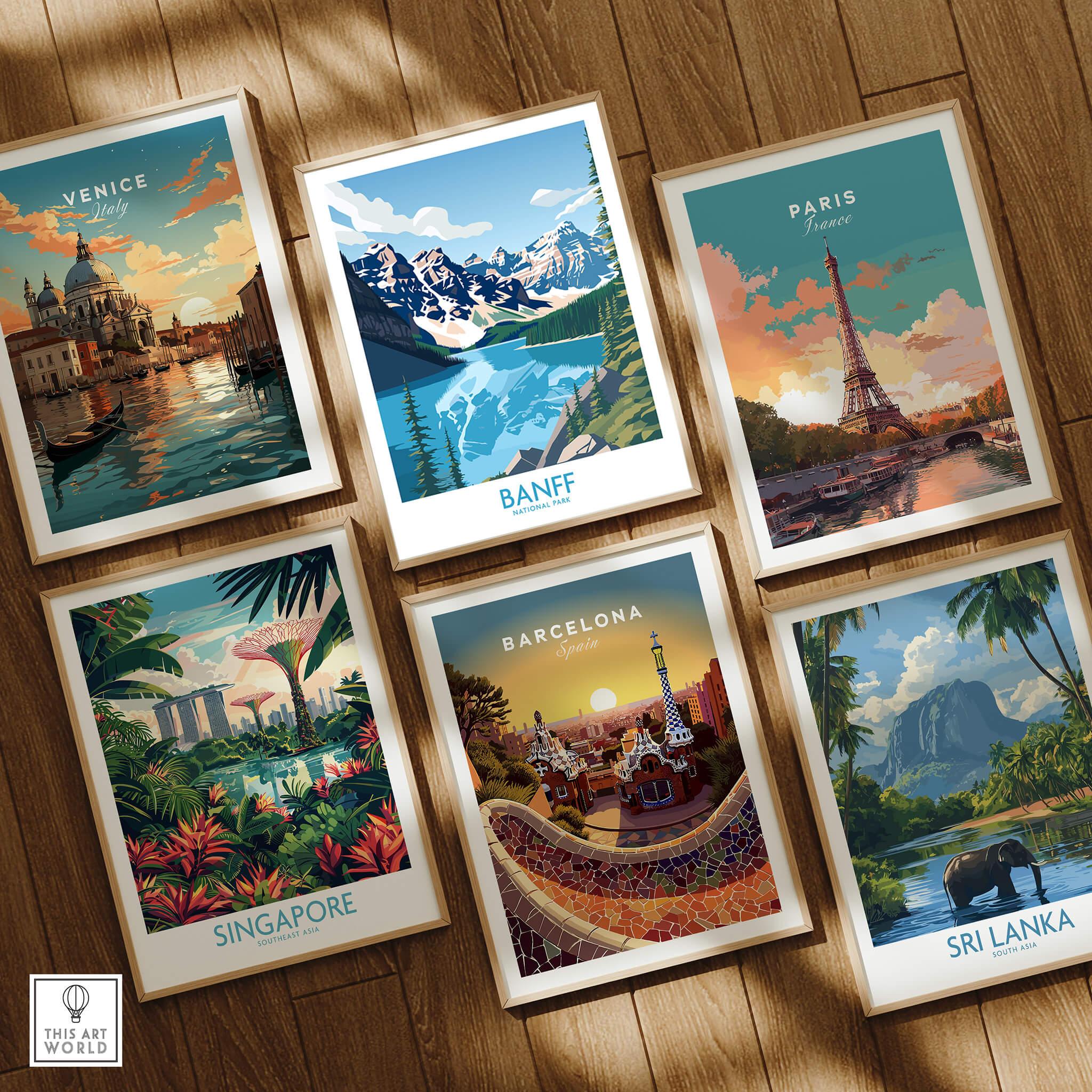 Set of six framed travel art prints featuring Venice, Banff, Paris, Singapore, Barcelona, Sri Lanka on a wooden floor