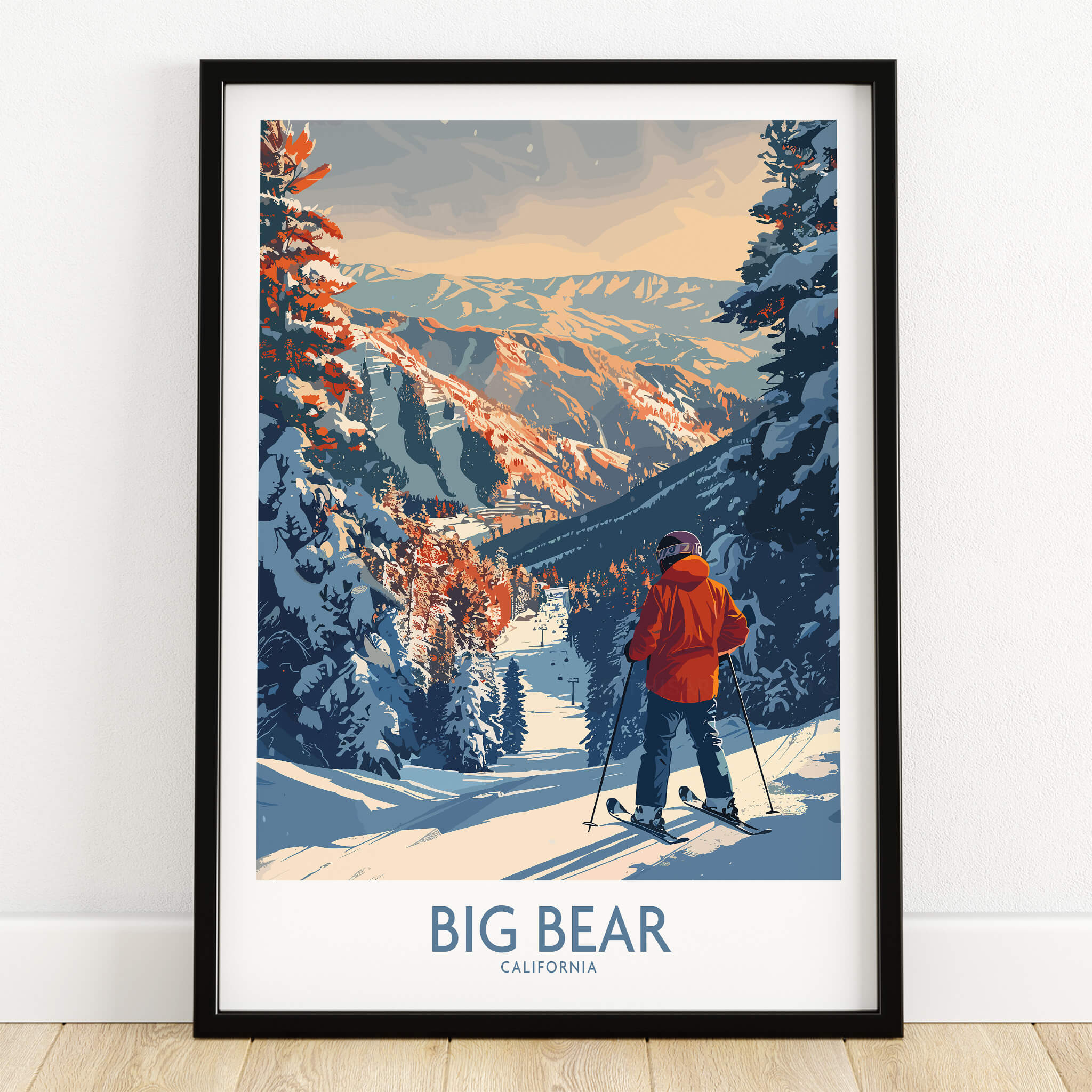 Big Bear Ski Print - California showcasing a skier on a snowy mountain slope in California's Big Bear.