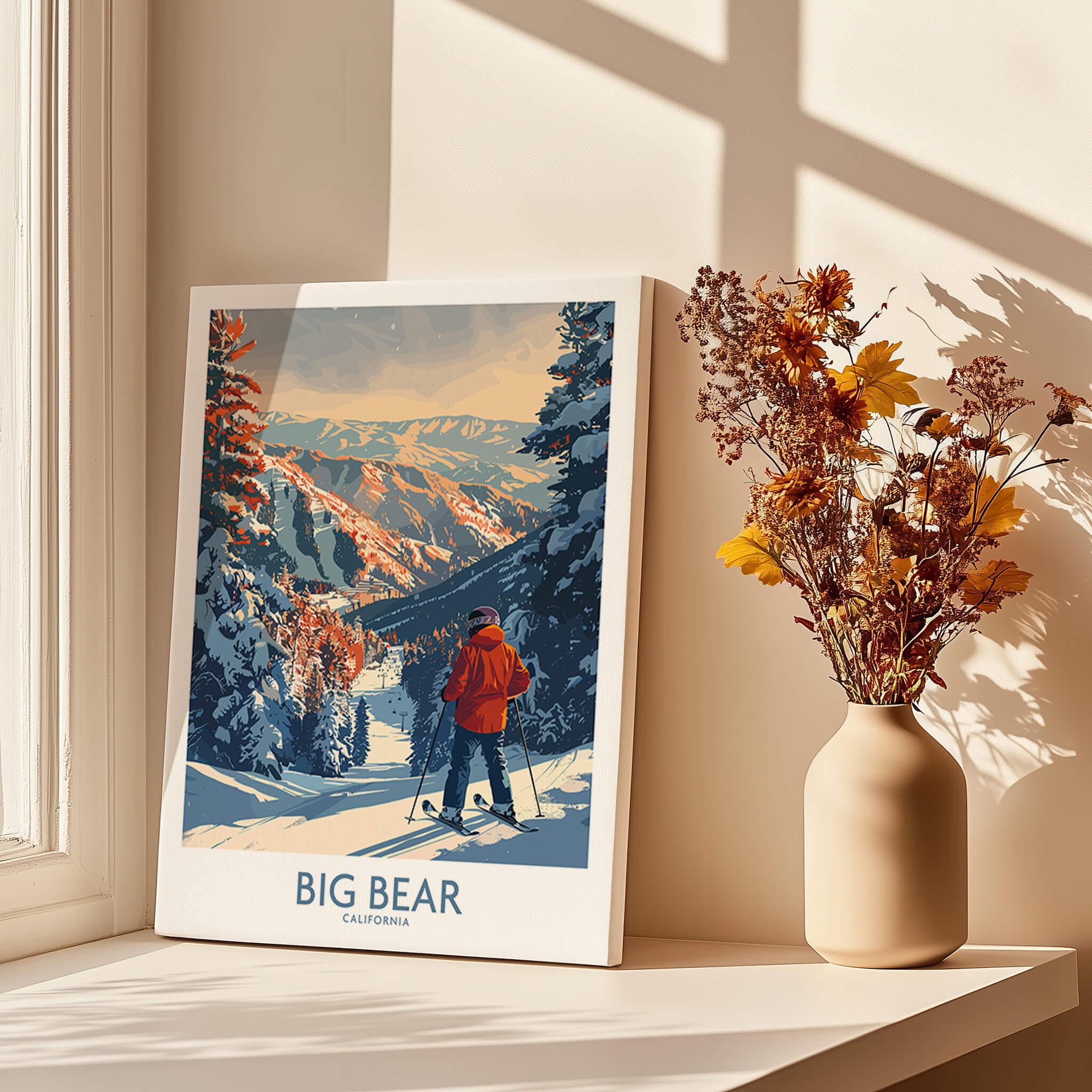 Big Bear Ski Print - California displayed in a sunny room with flowers, showcasing skiing in California's mountains.