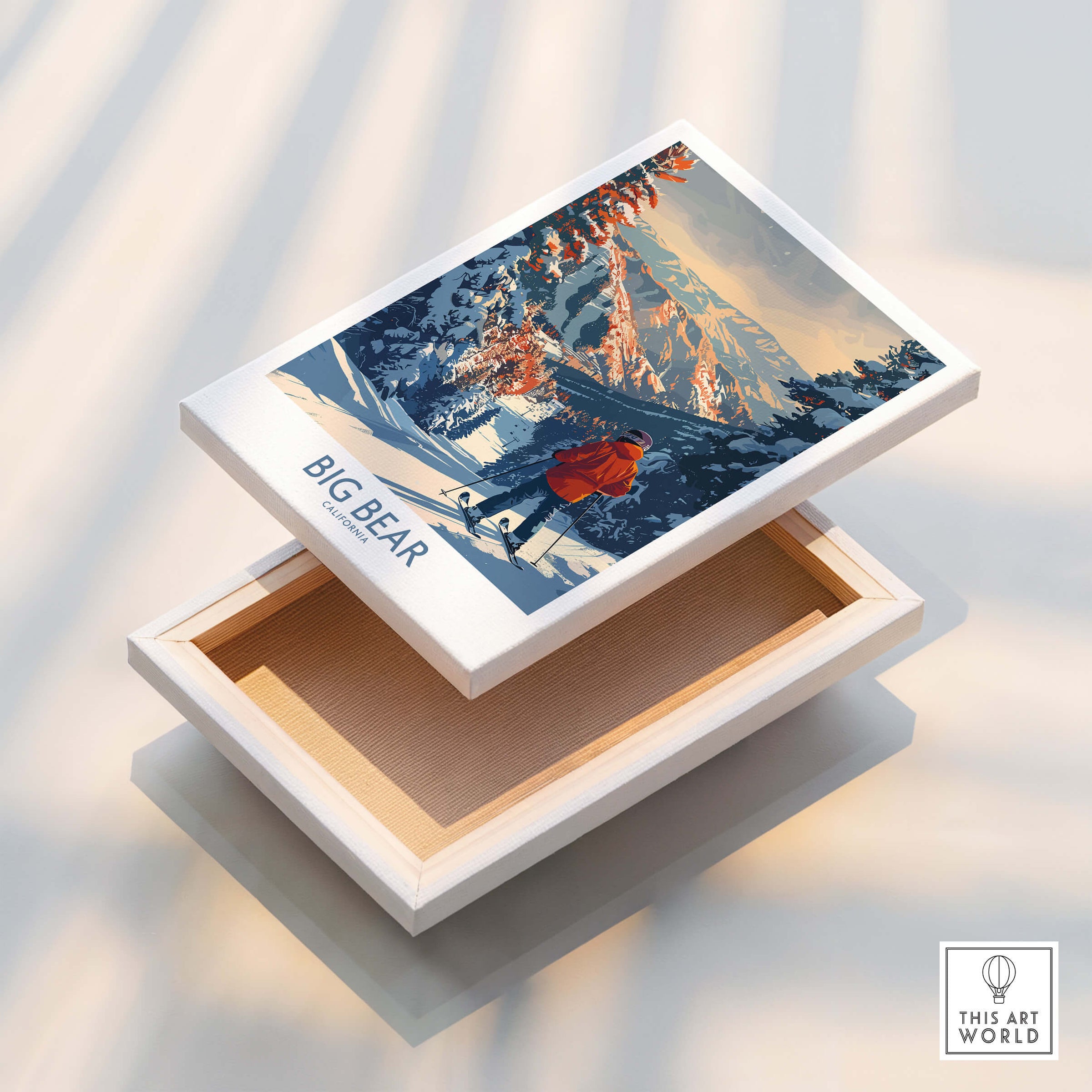 Big Bear Ski Print - California displayed on a wooden box with a scenic mountain background.