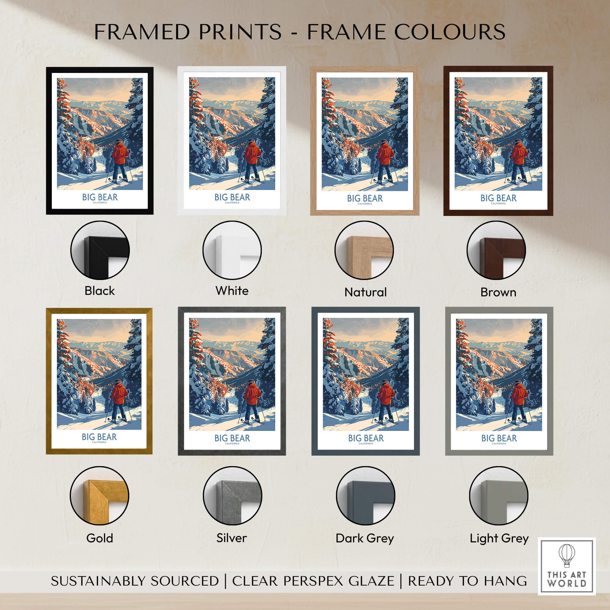 Framed prints showcasing different frame colors for Big Bear Ski Print - California, including black, white, natural, and brown.