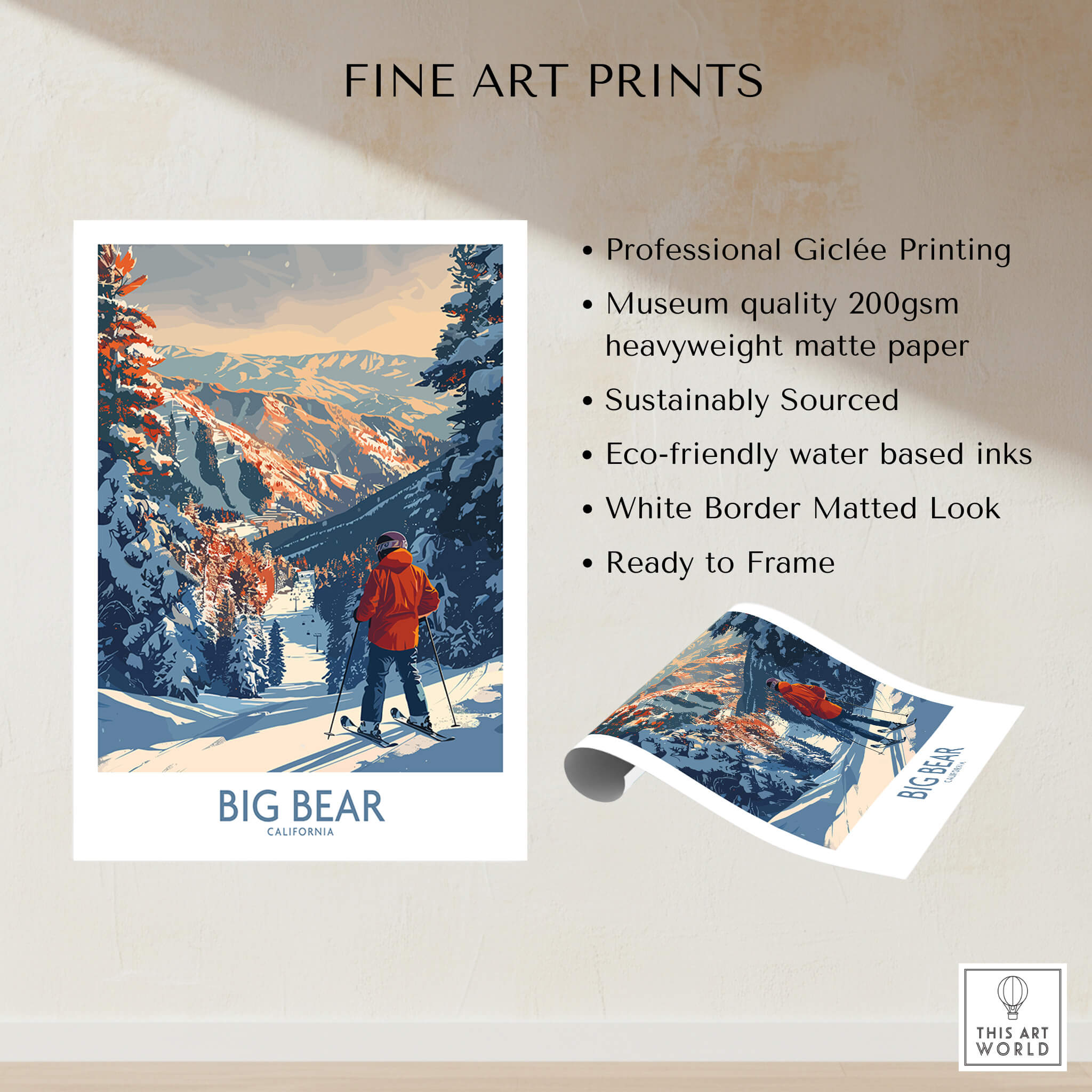 Big Bear Ski Print - California featuring a skier on snowy mountains with vibrant colors and detailed artwork.