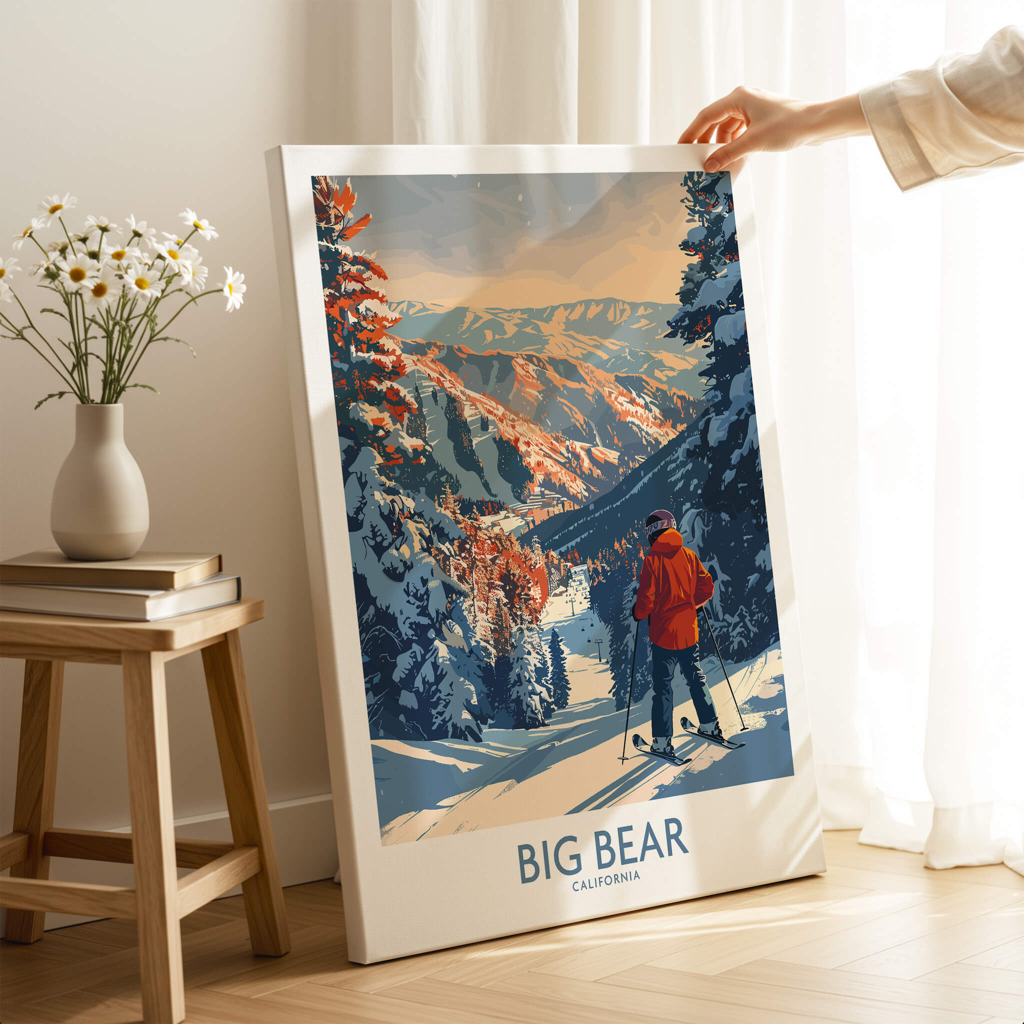 Big Bear Ski Print - California showcasing a skier on slopes in mountainous scenery.