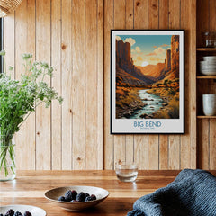 Big Bend National Park art print in black frame on wooden kitchen wall, rustic decor