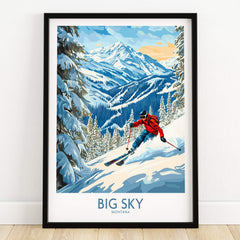 Big Sky Ski Poster showcasing a skier in a mountain paradise, perfect for ski enthusiasts.