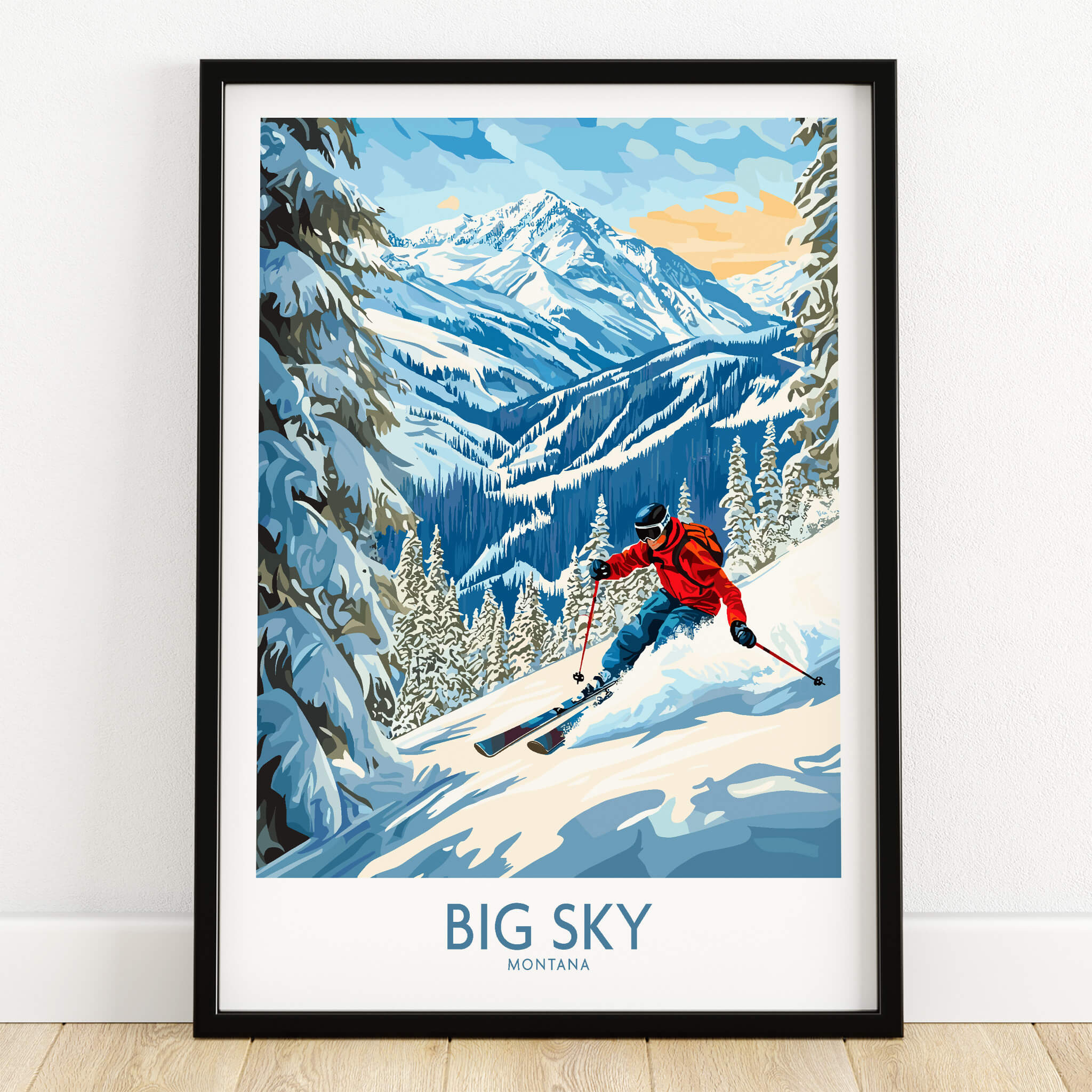 Big Sky Ski Poster showcasing a skier in a mountain paradise, perfect for ski enthusiasts.