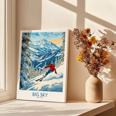 Big Sky Ski Poster showcasing a skier racing down a snowy mountain with a scenic view.