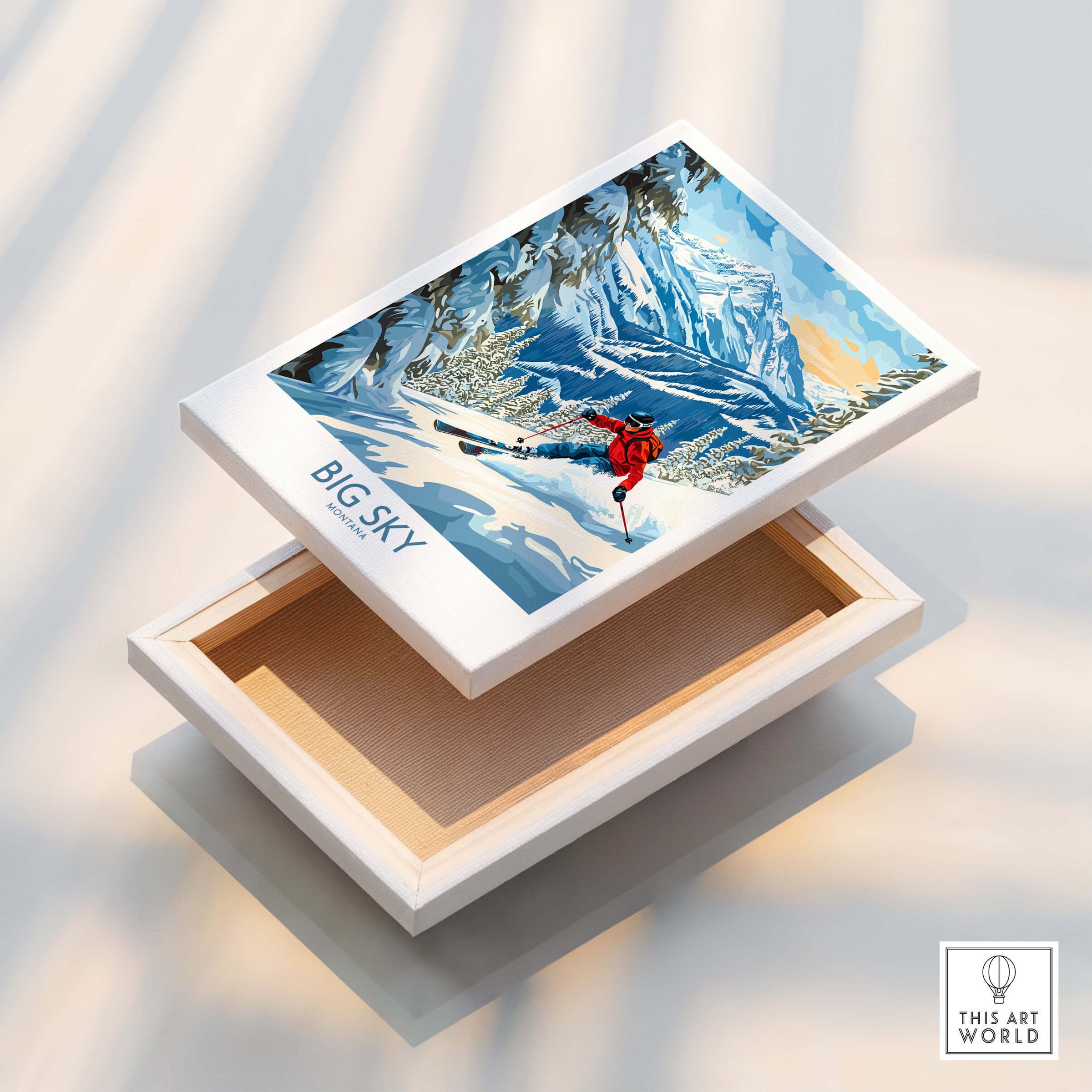 Big Sky Ski Poster showcasing a skier on picturesque snowy mountains, perfect for ski enthusiasts.