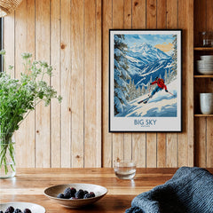 Big Sky Ski Poster displayed in a cozy room with wooden decor, highlighting a skier against a mountain backdrop.