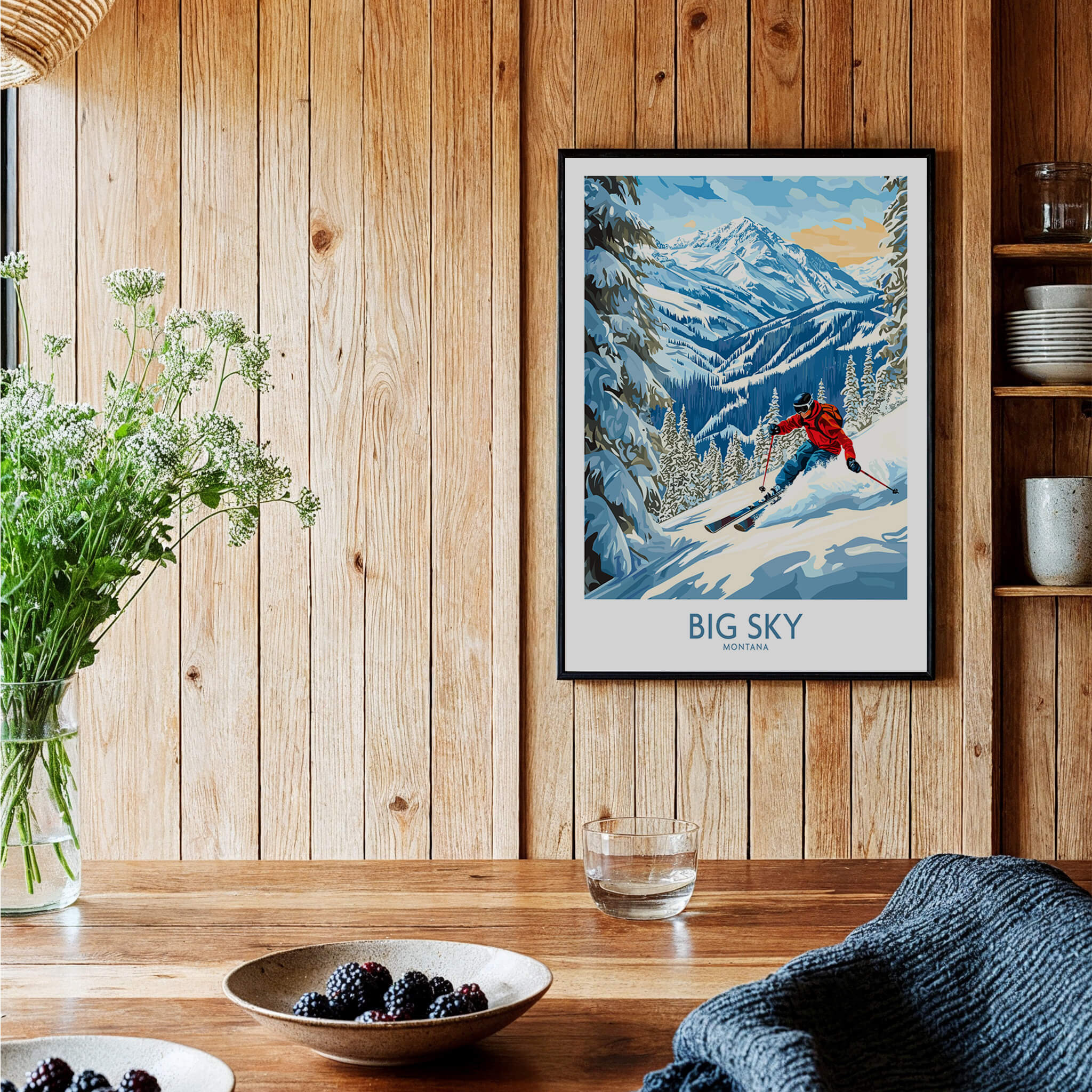 Big Sky Ski Poster displayed in a cozy room with wooden decor, highlighting a skier against a mountain backdrop.