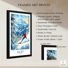 Big Sky Ski Poster featuring a framed artwork of a skier on a snowy mountain, showcasing the beauty of Big Sky.