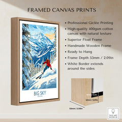 Framed canvas print featuring the Big Sky Ski Poster with vibrant mountain scene and skier, perfect for home decor.