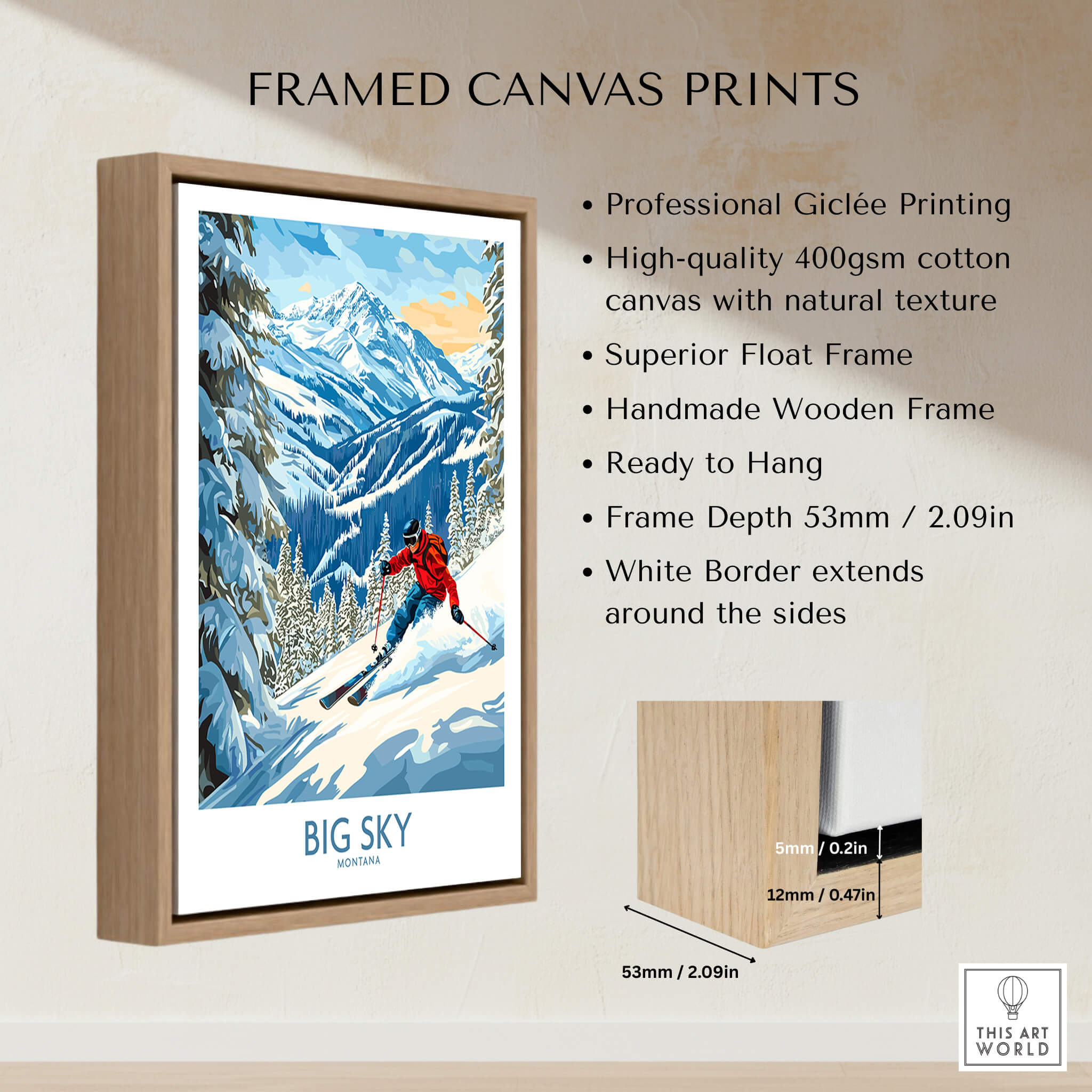 Framed canvas print featuring the Big Sky Ski Poster with vibrant mountain scene and skier, perfect for home decor.