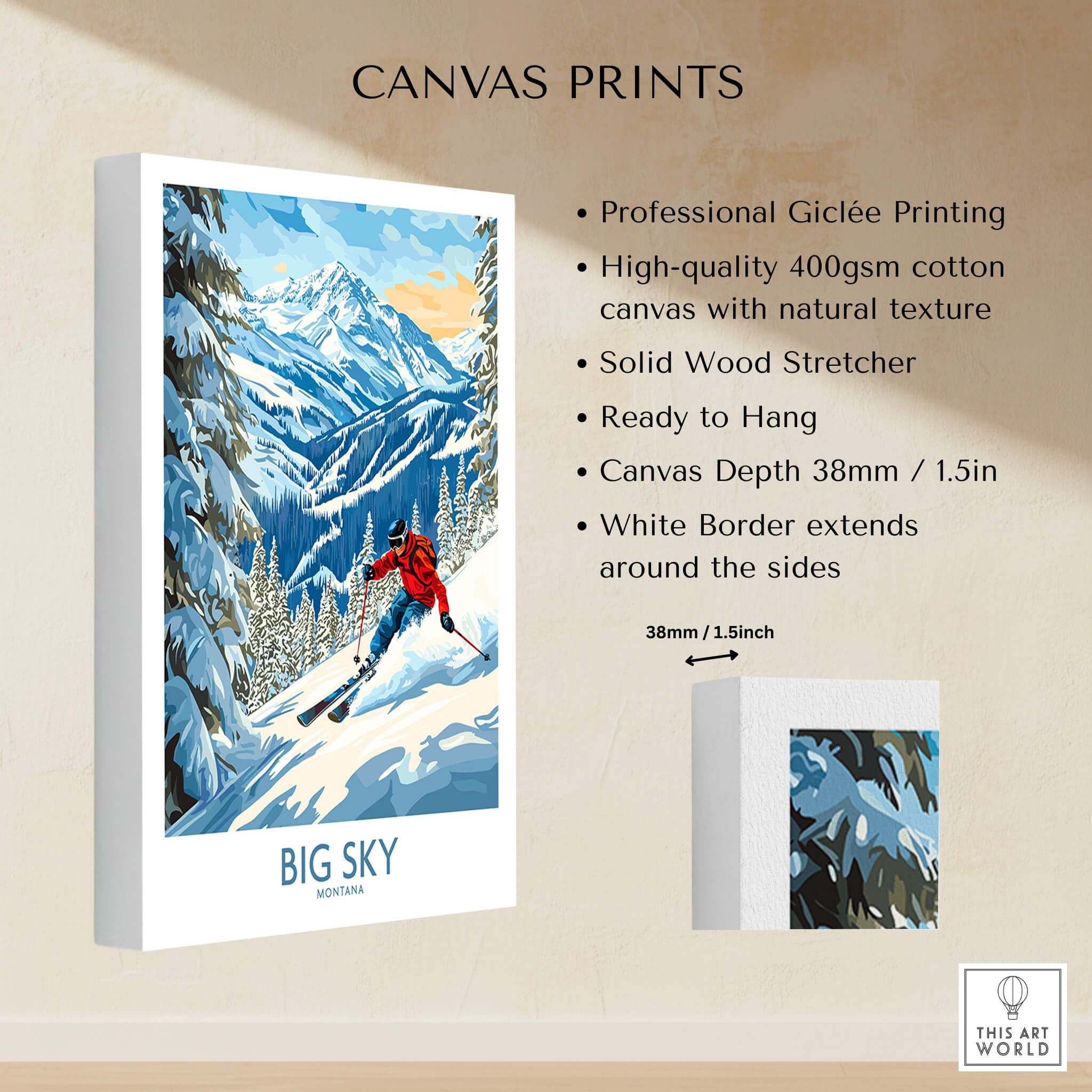 Big Sky Ski Poster showcasing a skier in the mountains, ideal for decor and ski enthusiasts.