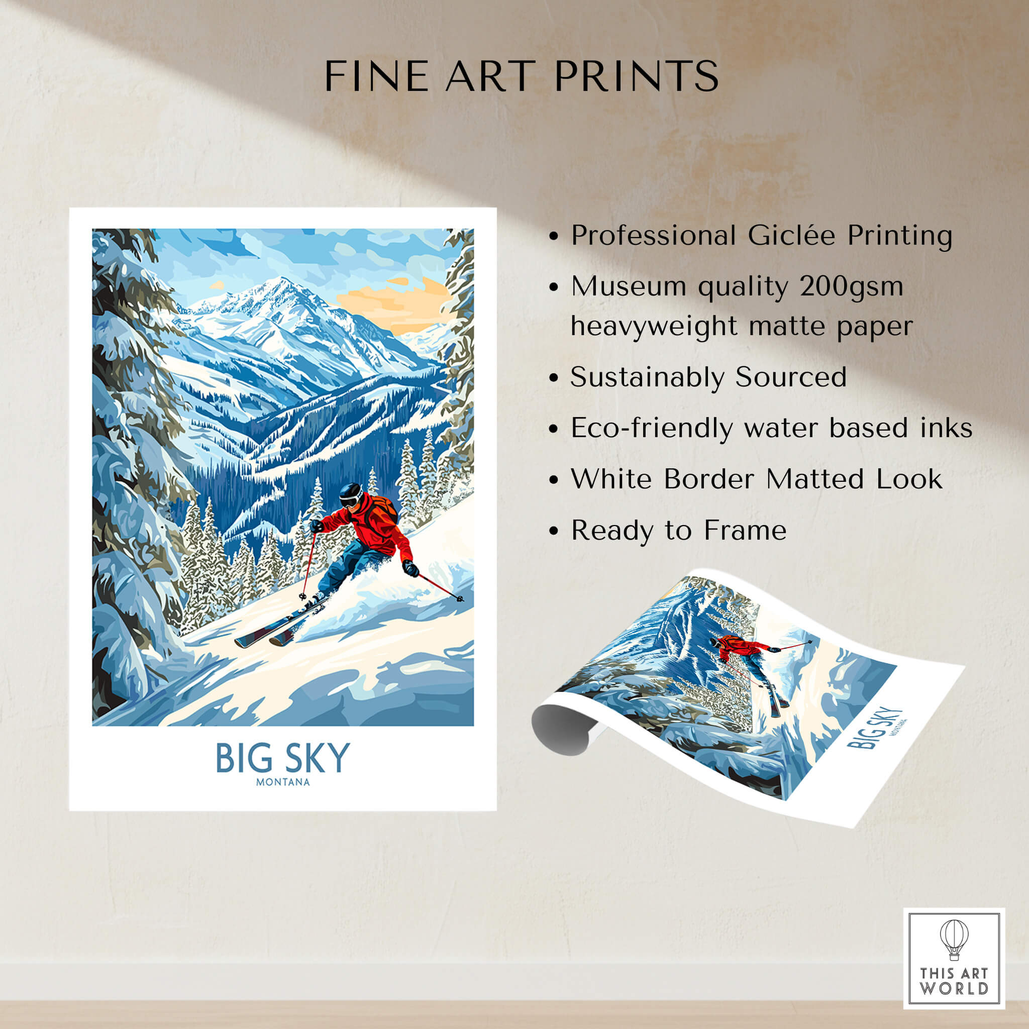 Big Sky Ski Poster showcasing professional Giclée printing and stunning mountain ski design.