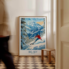 Big Sky Ski Poster displayed in a modern interior, featuring stunning mountain scenery and a skier.