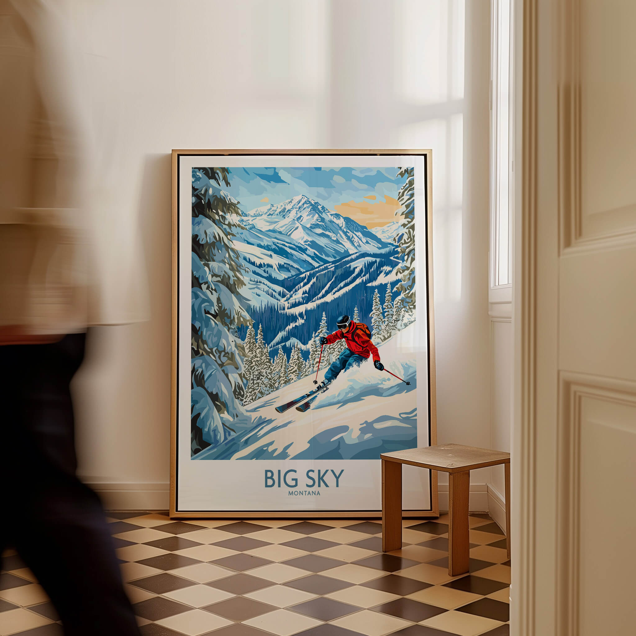 Big Sky Ski Poster displayed in a modern interior, featuring stunning mountain scenery and a skier.