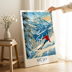 Big Sky Ski Poster featuring a skier on the slopes surrounded by majestic mountains and snowy trees.