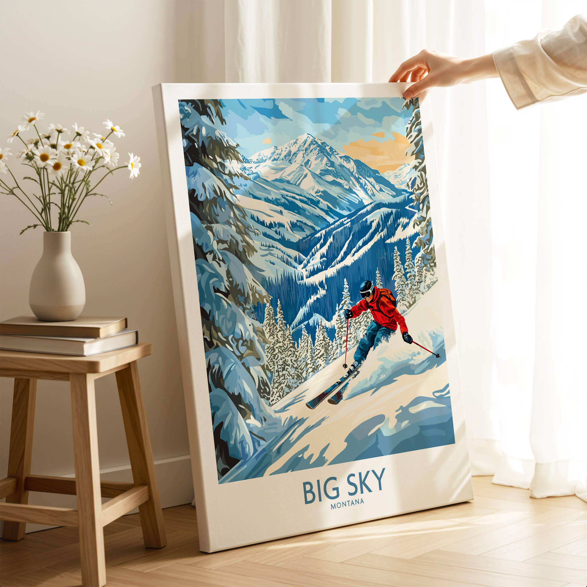Big Sky Ski Poster featuring a skier on the slopes surrounded by majestic mountains and snowy trees.
