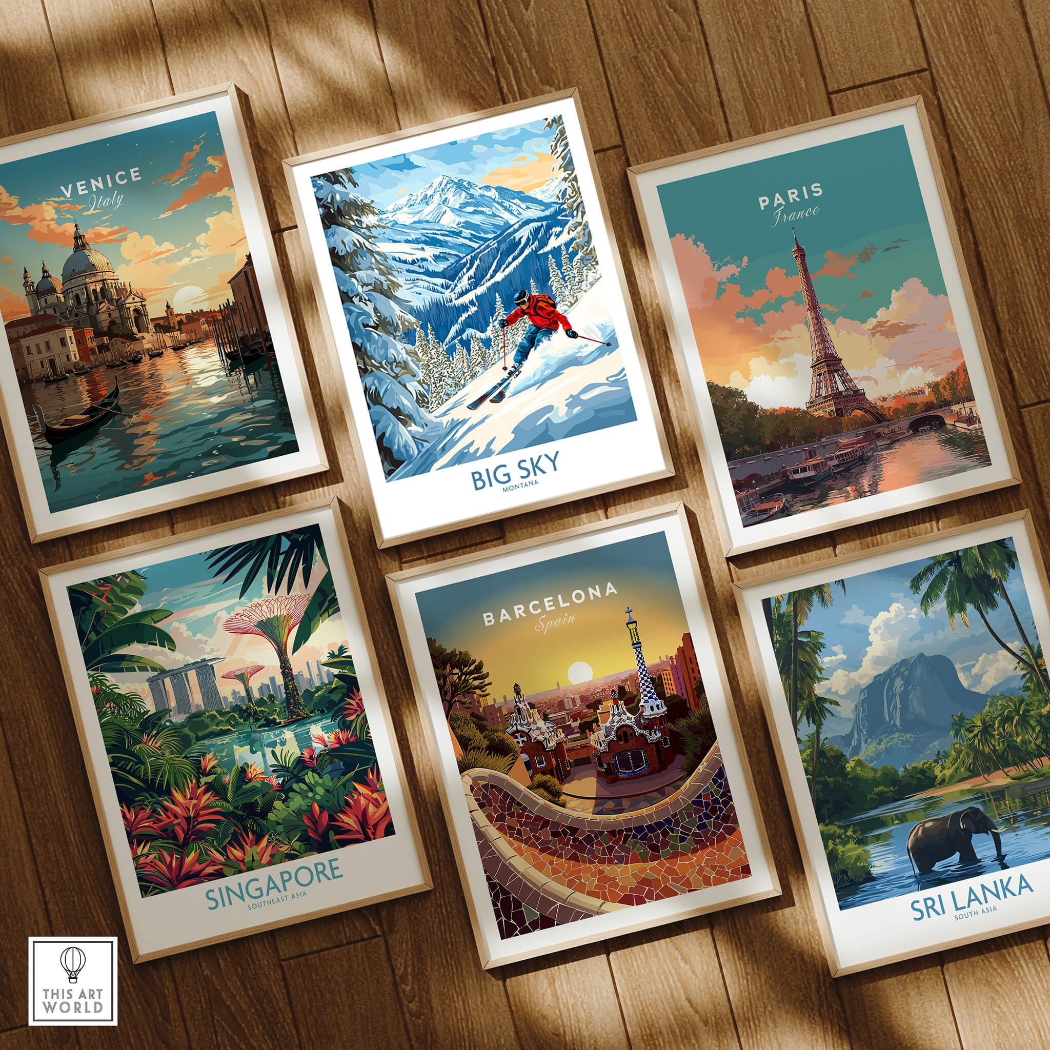 A collection of travel posters including the Big Sky Ski Poster showcasing stunning destinations.