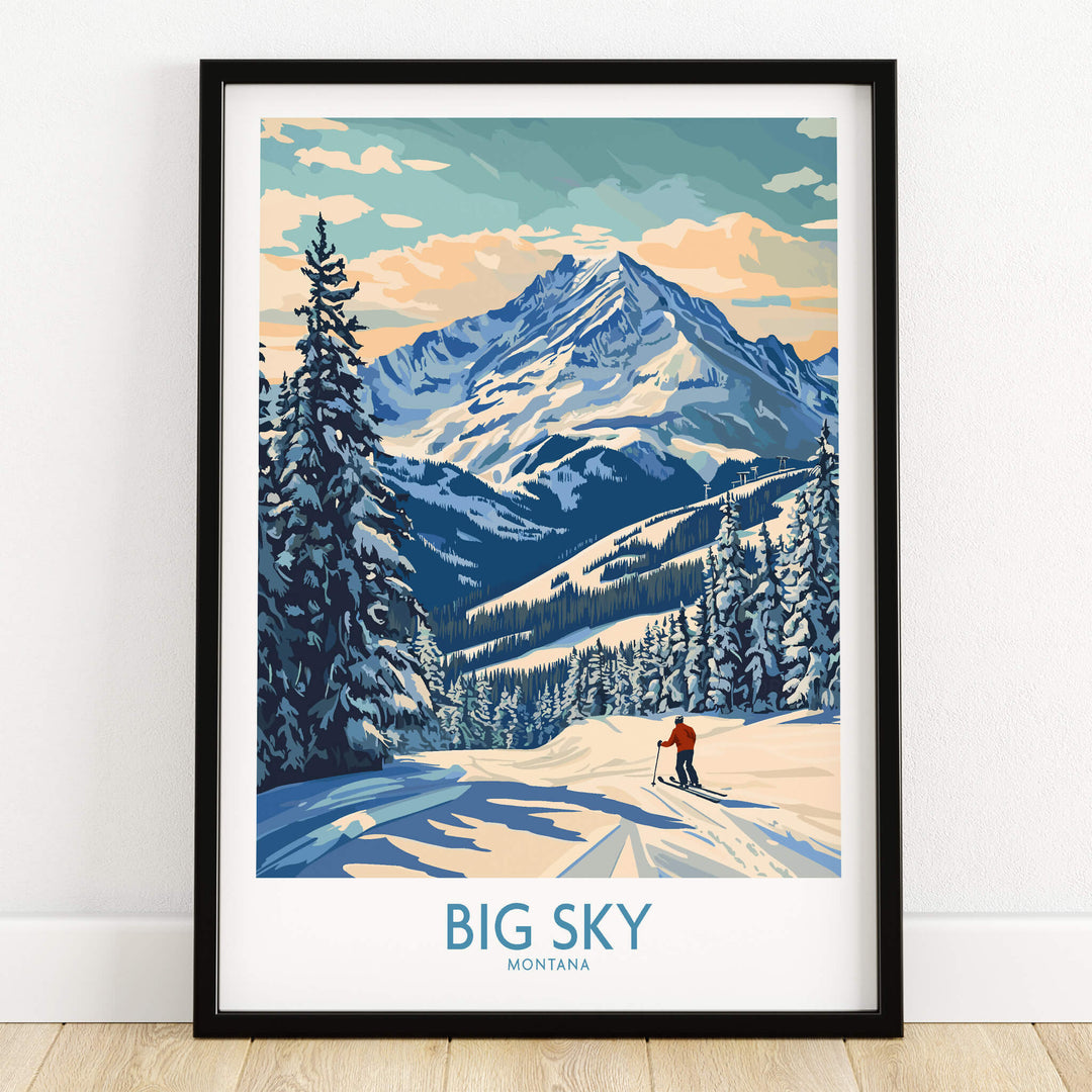 Big Sky Wall Art Print featuring a skier in a snowy landscape with mountains and trees.