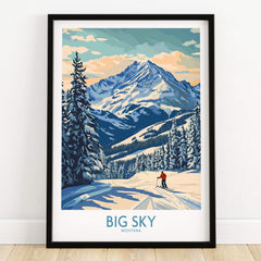 Big Sky Wall Art Print featuring a skier in a snowy landscape with mountains and trees.