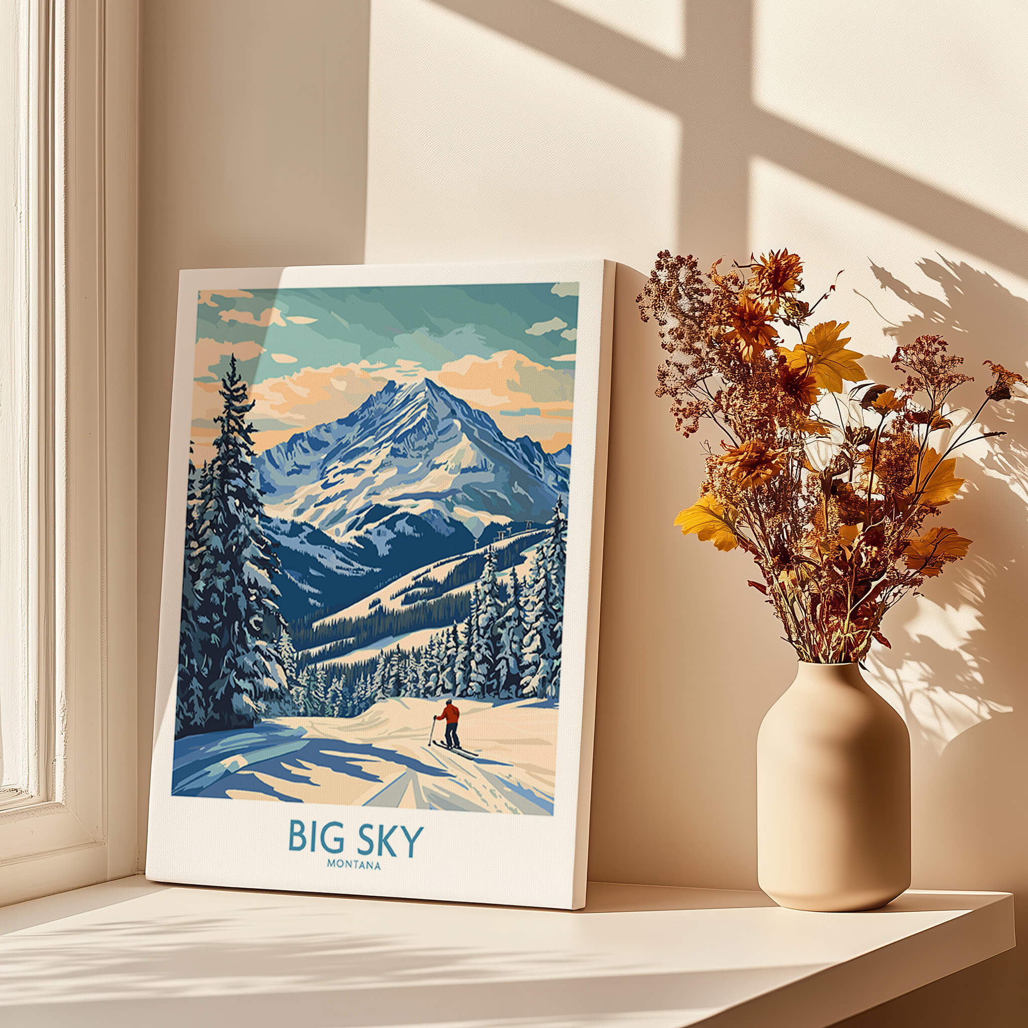 Big Sky Wall Art Print showcasing a stunning mountainous landscape with vibrant skies and snow-covered trees.
