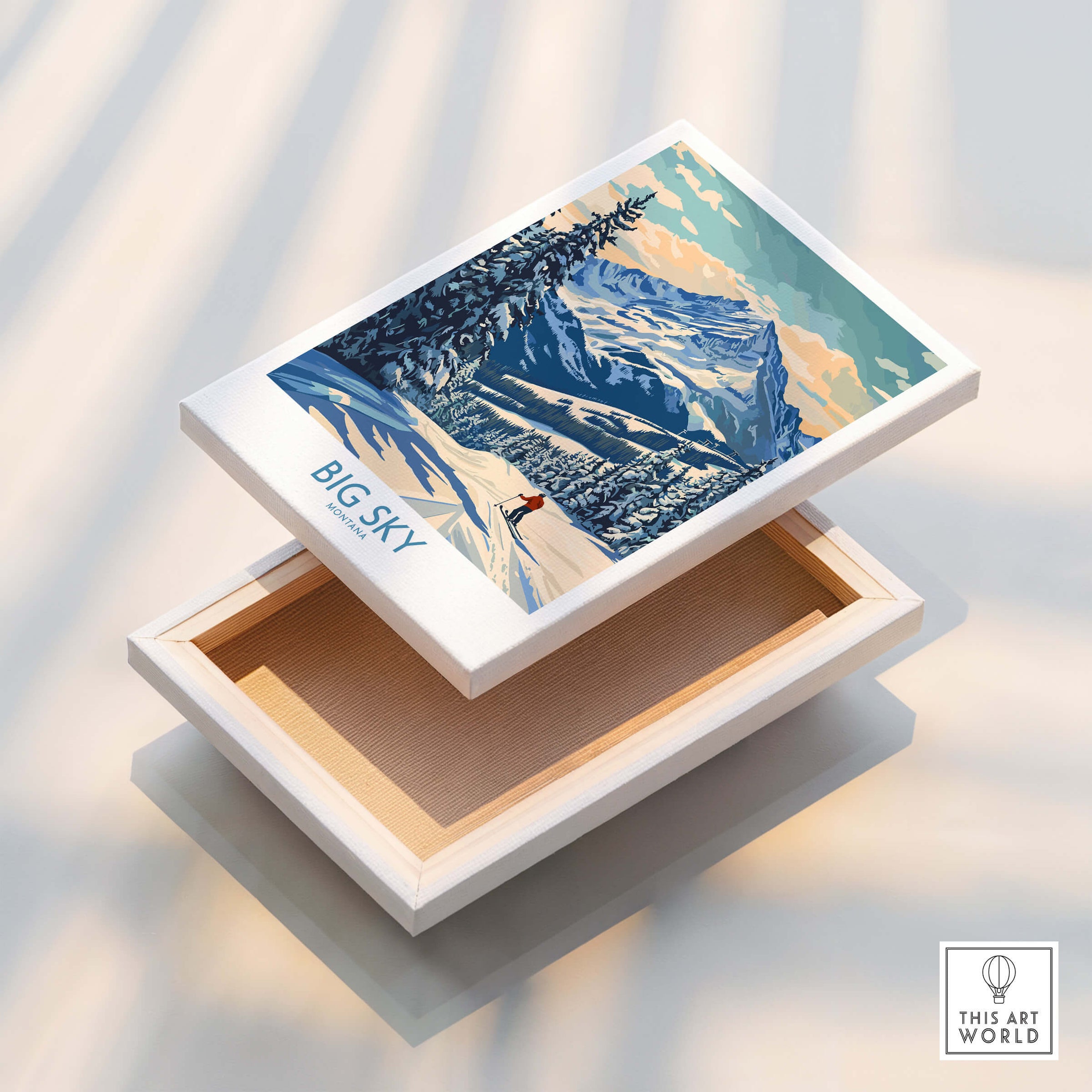 Big Sky Wall Art Print featuring a serene snowy landscape with mountains and a skier.