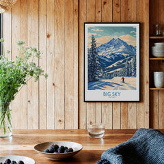 Big Sky Wall Art Print displayed in a wooden interior with a mountain scene and skier.