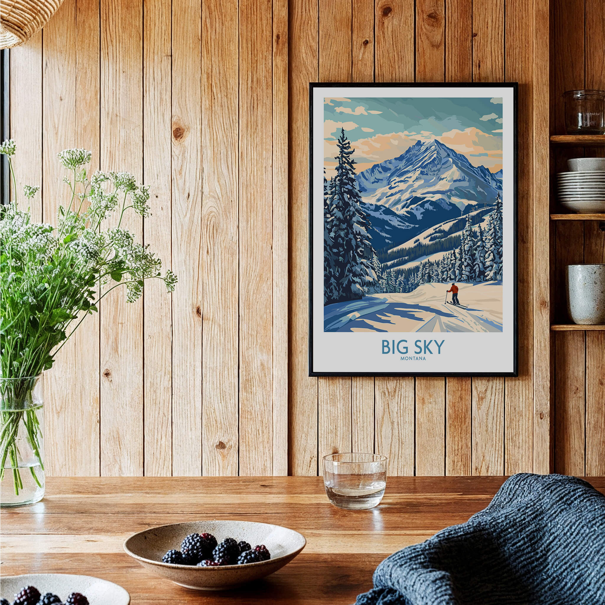 Big Sky Wall Art Print displayed in a wooden interior with a mountain scene and skier.