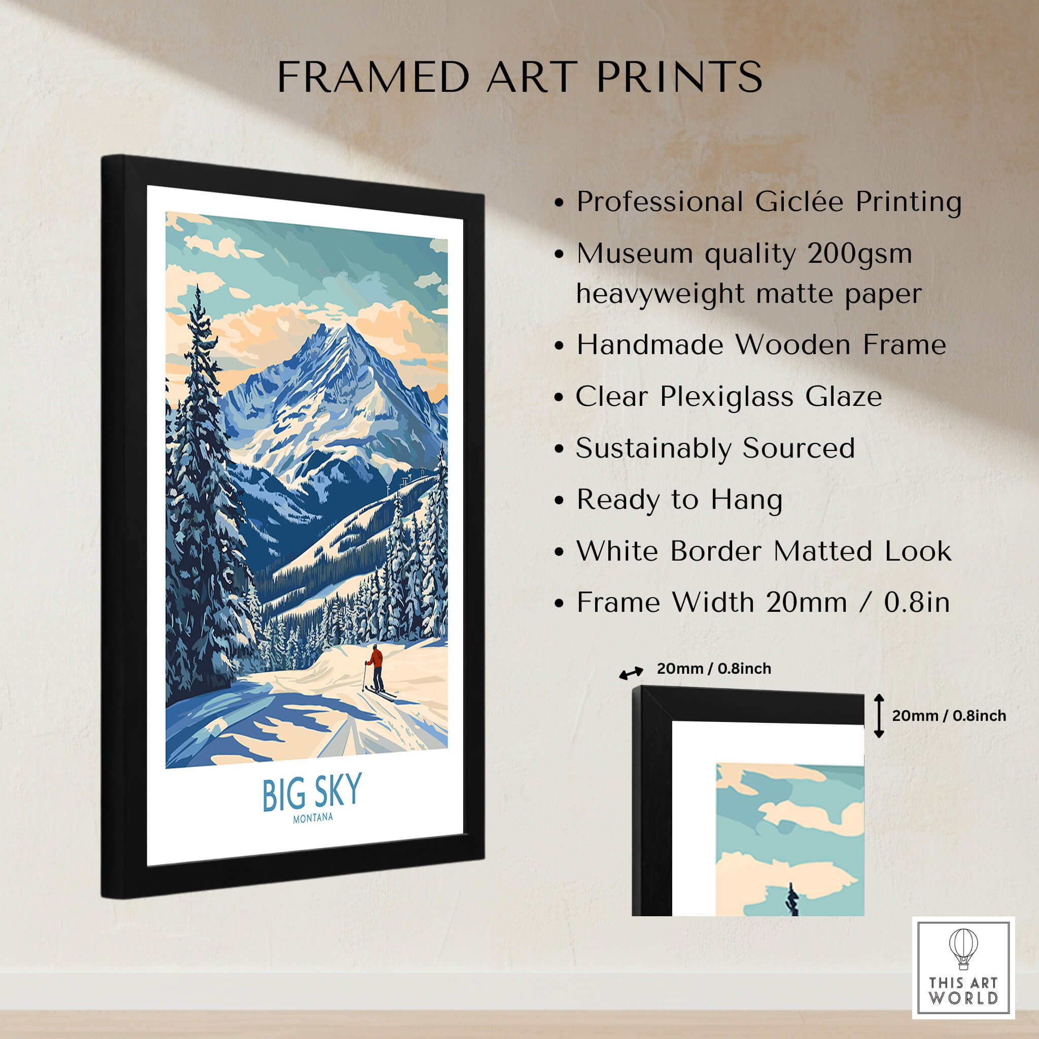 Framed Big Sky Wall Art Print featuring professional Giclée printing with a scenic mountain landscape.