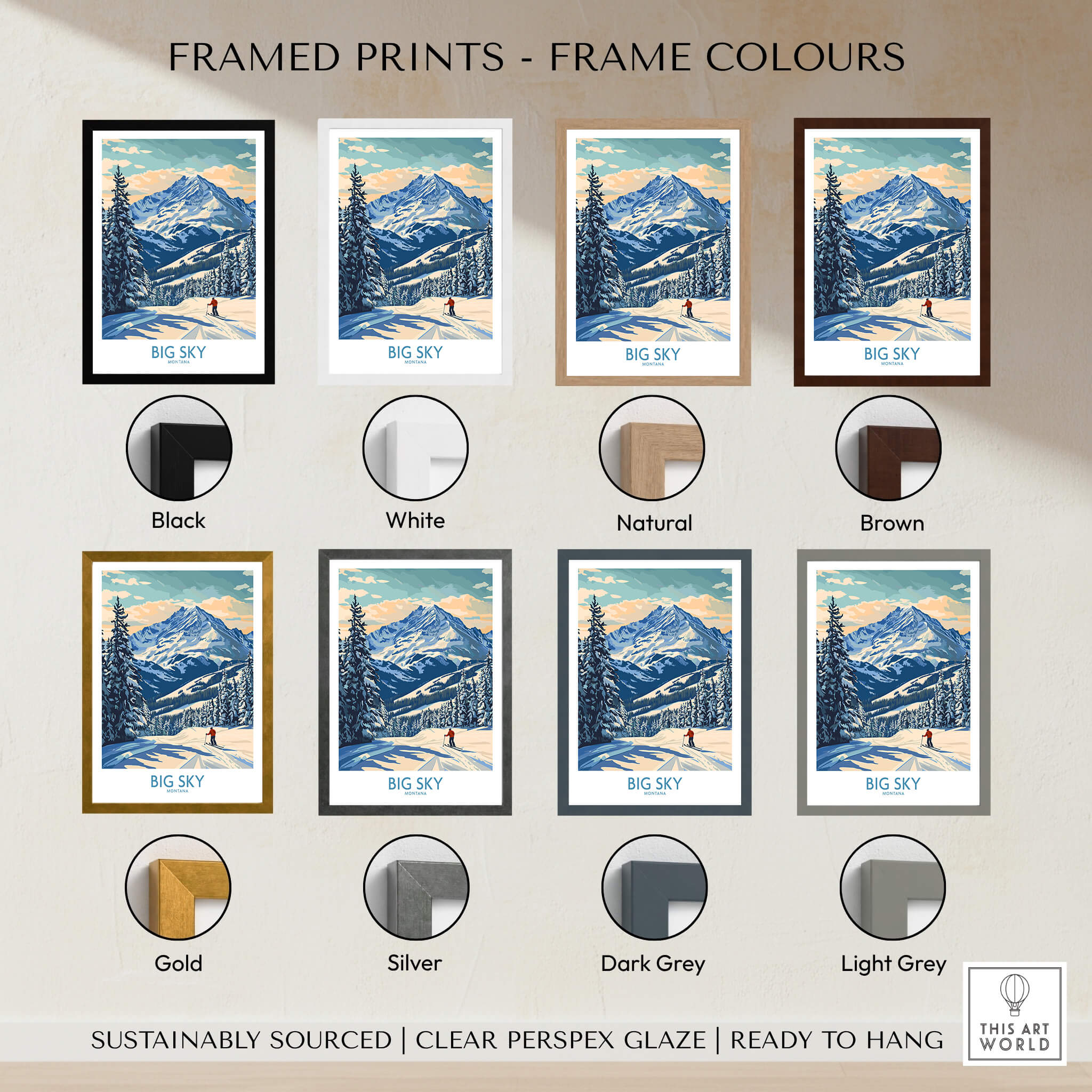 Framed Big Sky Wall Art Print in various colors: Black, White, Natural, Brown, Gold, Silver, Dark Grey, Light Grey.