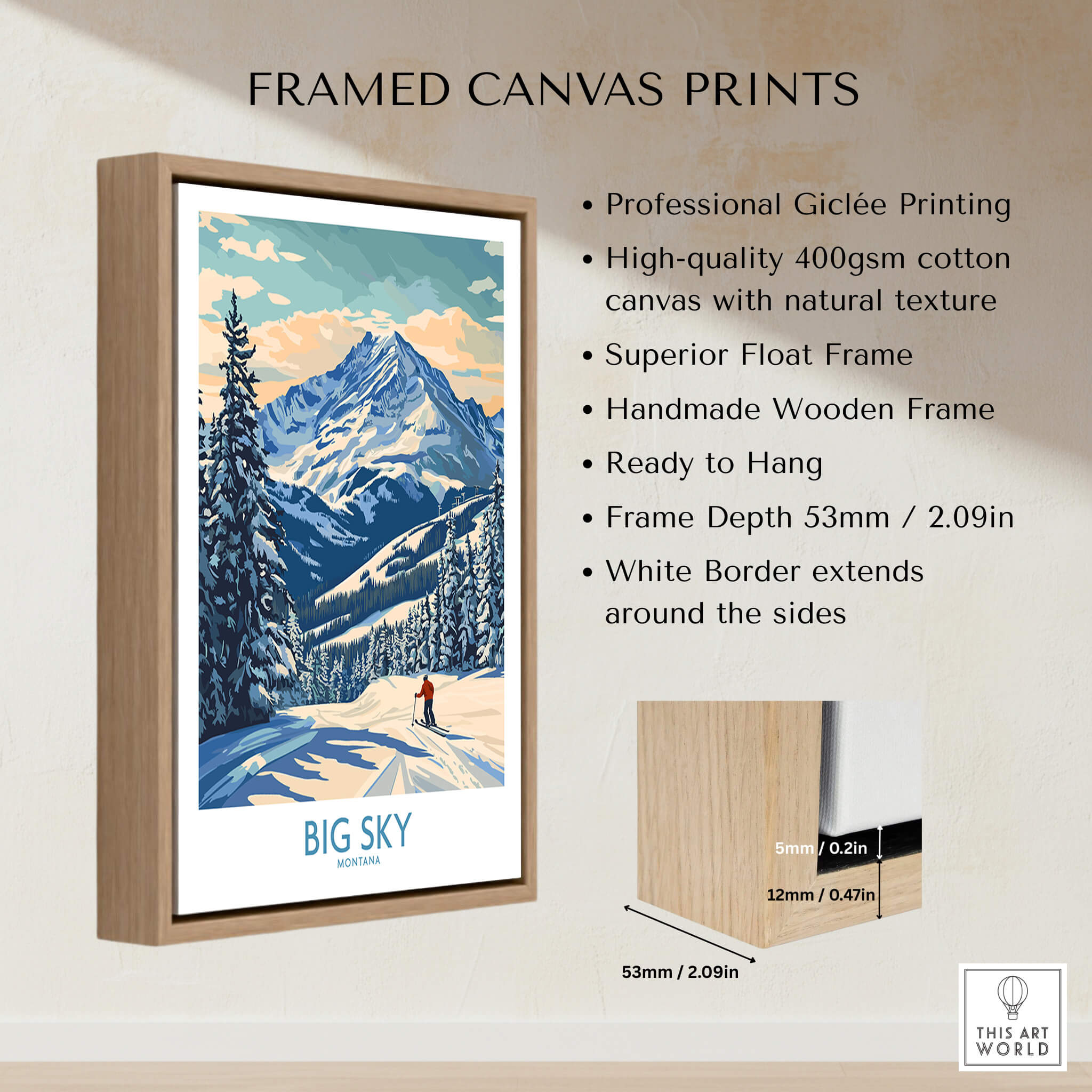Framed canvas print featuring the Big Sky Wall Art Print, showcasing vibrant mountain scenery and ready to hang.