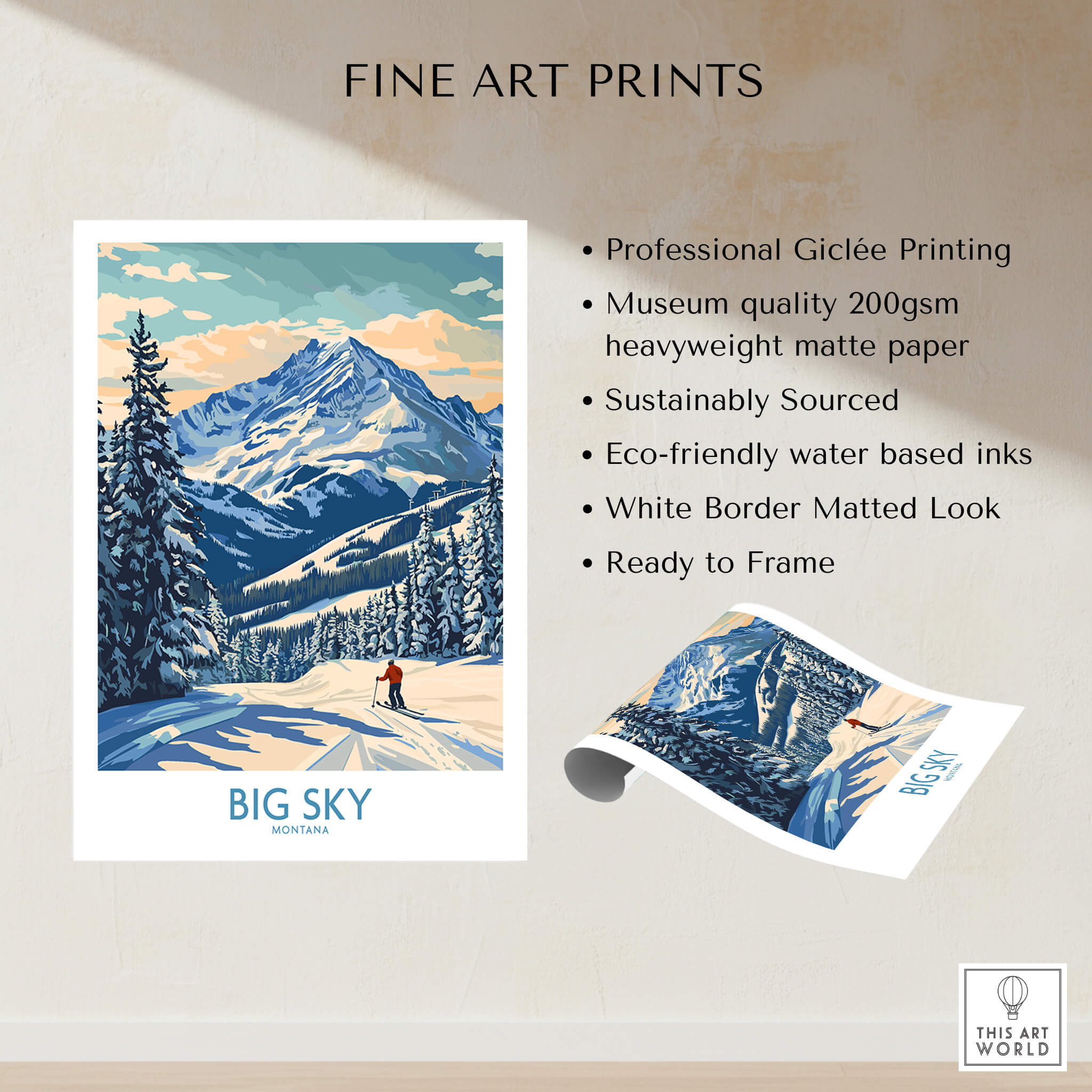 Big Sky Wall Art Print featuring a scenic mountain landscape in winter with ski tracks and snowy trees.