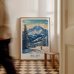 Big Sky Wall Art Print displayed in a stylish interior with a mountain view and skier.