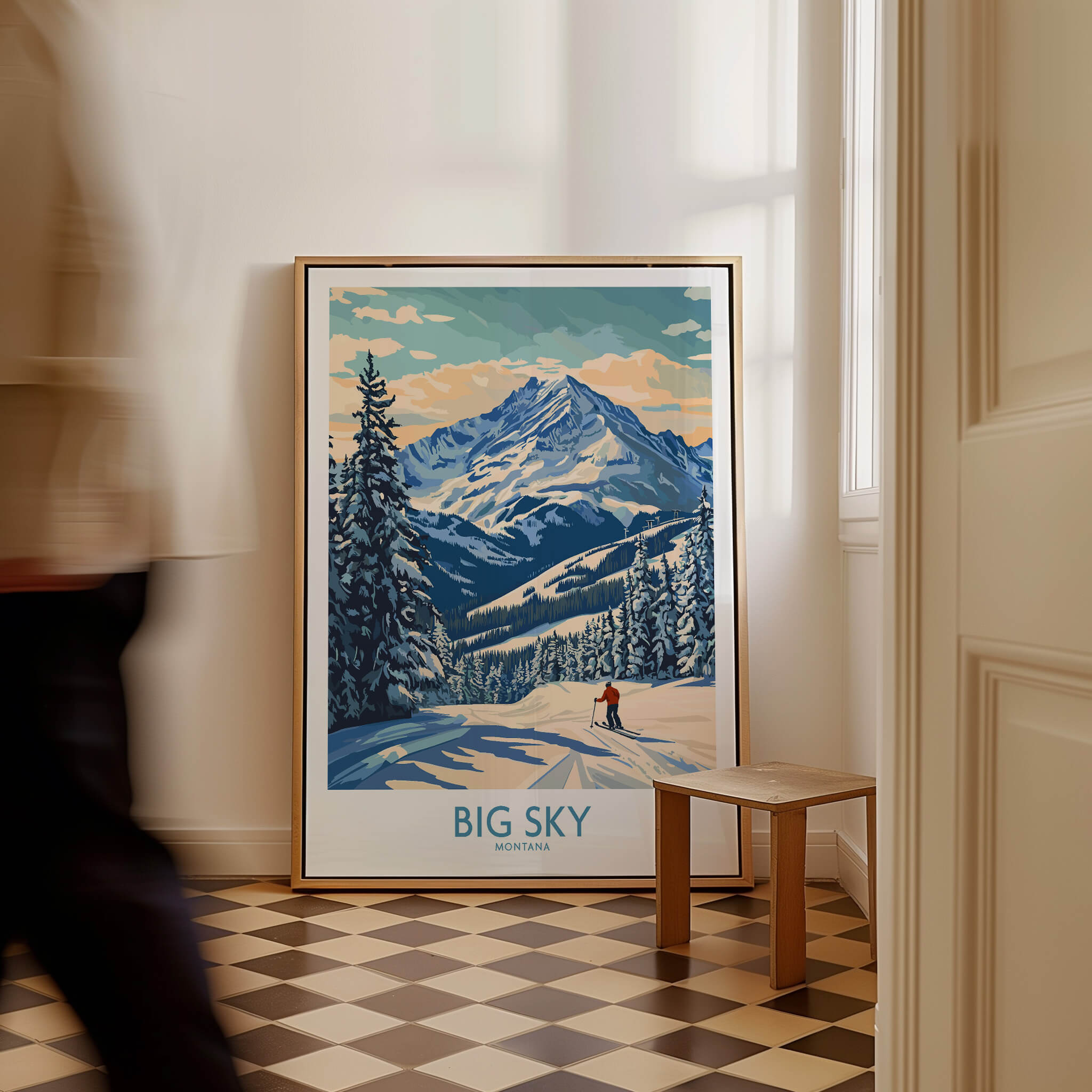 Big Sky Wall Art Print displayed in a stylish interior with a mountain view and skier.