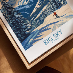 Big Sky Wall Art Print featuring a skier in snowy mountains with vibrant blue skies and pine trees.
