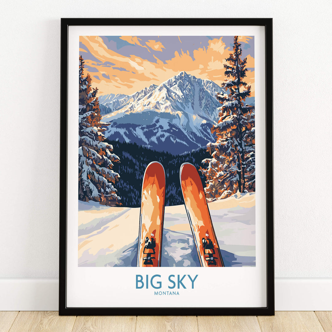 Big Sky Art Print - Skiing Poster featuring skis in the snow with mountains in the background.