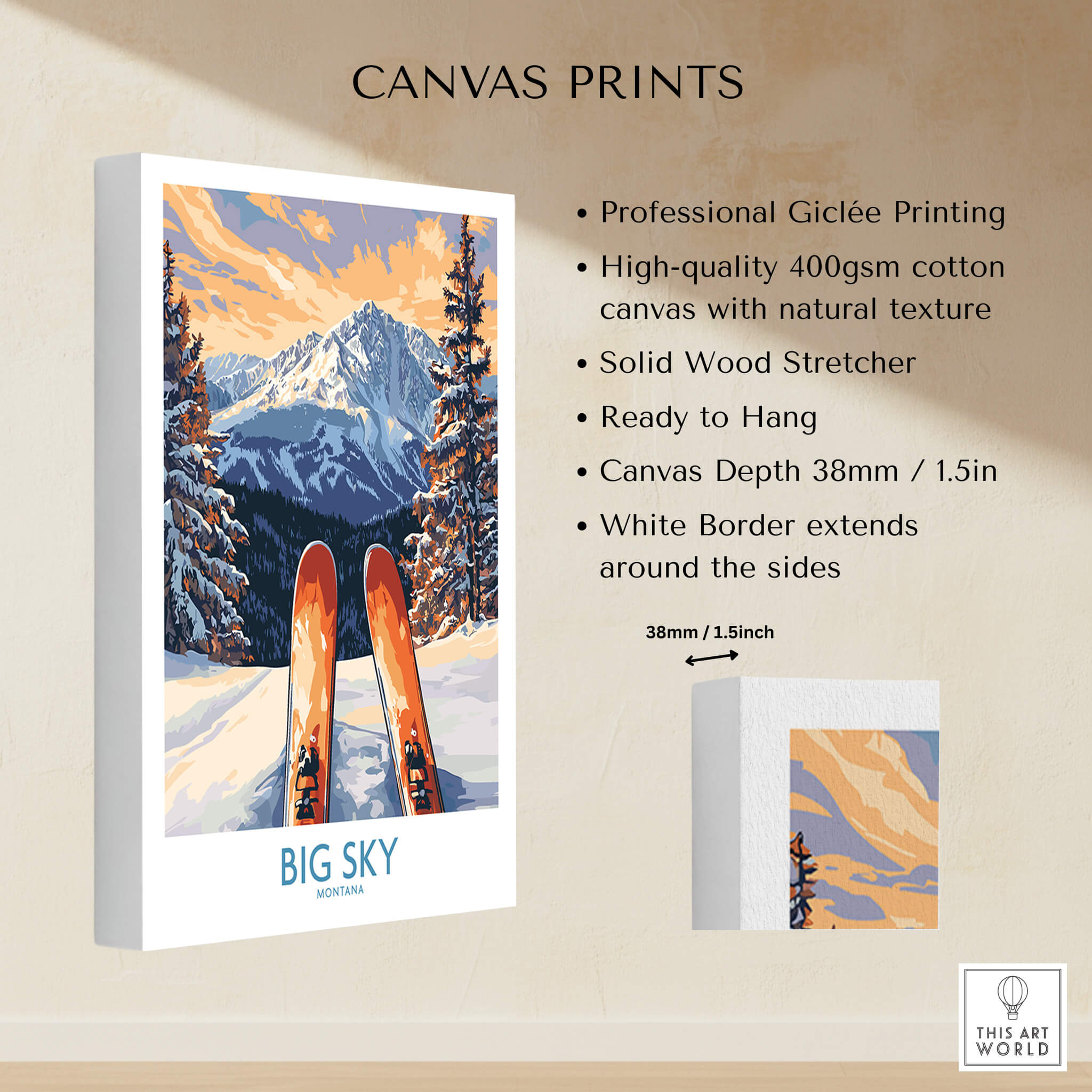 Big Sky Art Print - Skiing Poster showcasing professional Giclée printing on canvas with natural texture.