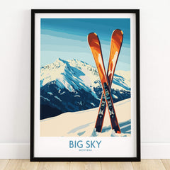 Big Sky Poster Montana featuring vibrant skis against a stunning mountain backdrop.