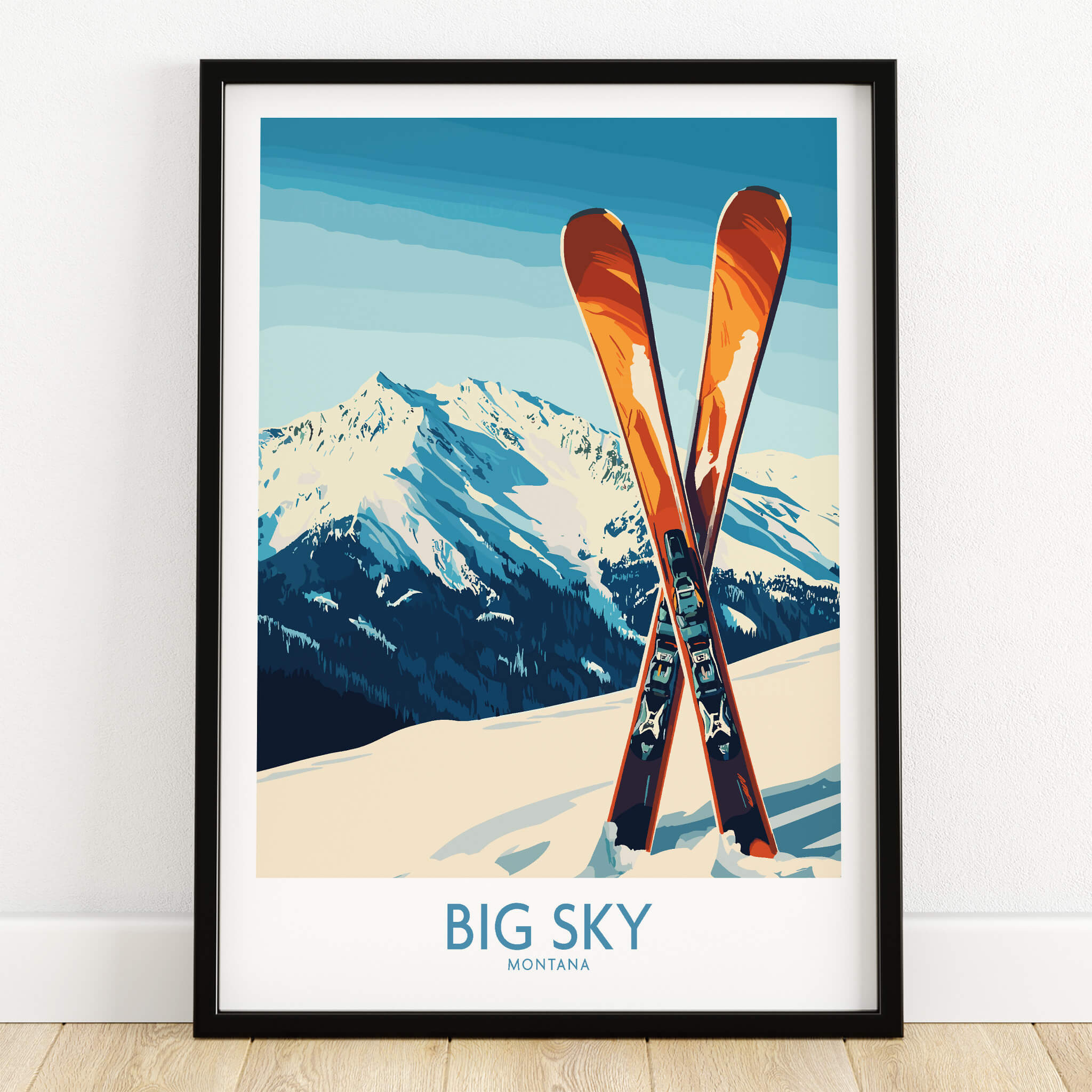 Big Sky Poster Montana featuring vibrant skis against a stunning mountain backdrop.