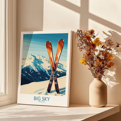 Big Sky Poster Montana featuring skis in front of snowy mountains in a sunlit room.
